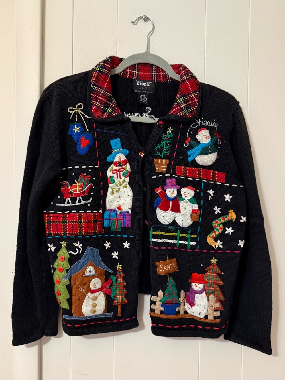 Studio Black Holiday Snowman Embroidered Puffer Cardigan